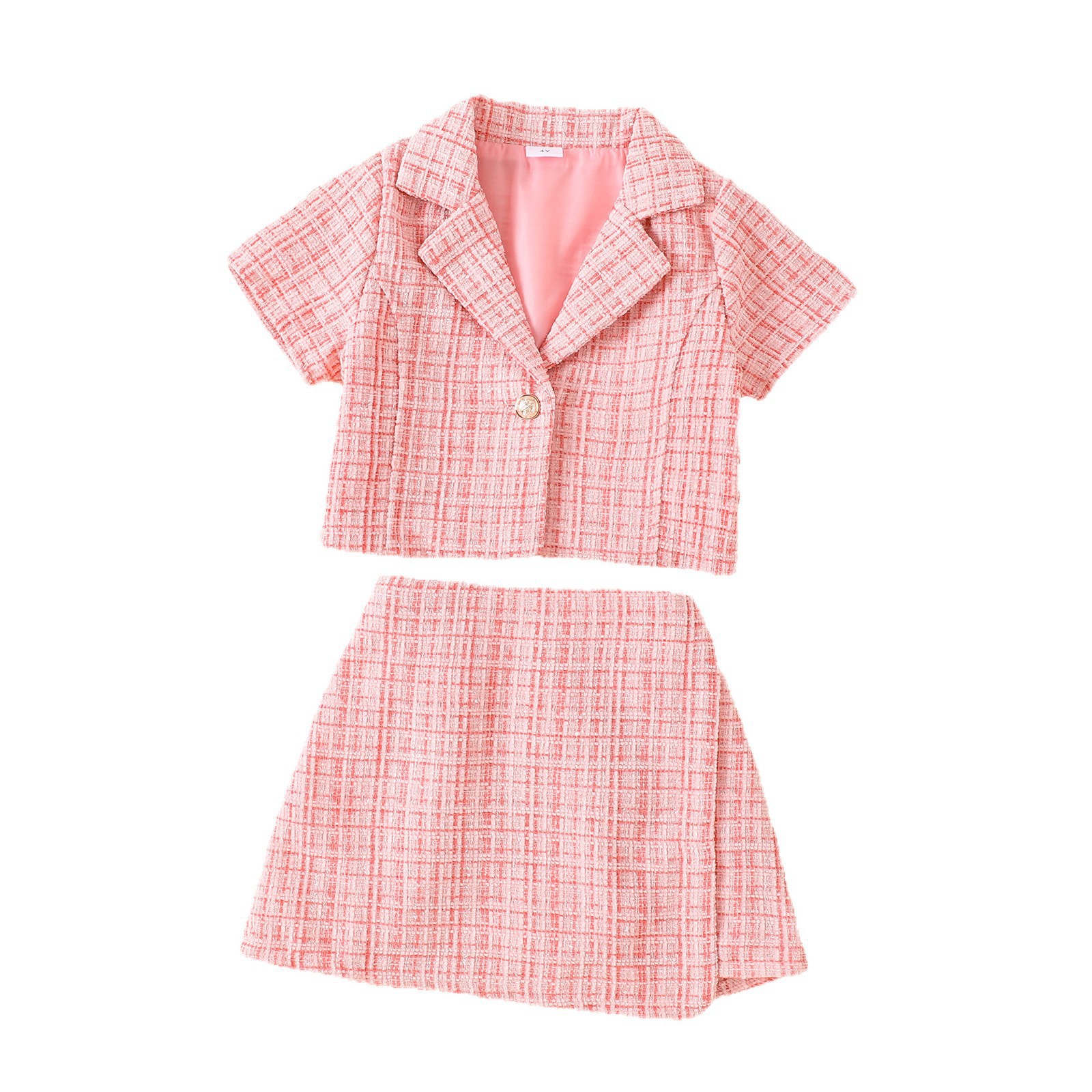 Short sleeved jacket paired with irregular short skirt set
