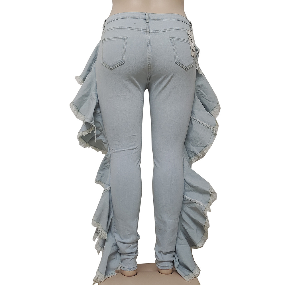 Women's jeans, street casual, handmade distressed side ruffle slim stretch pants