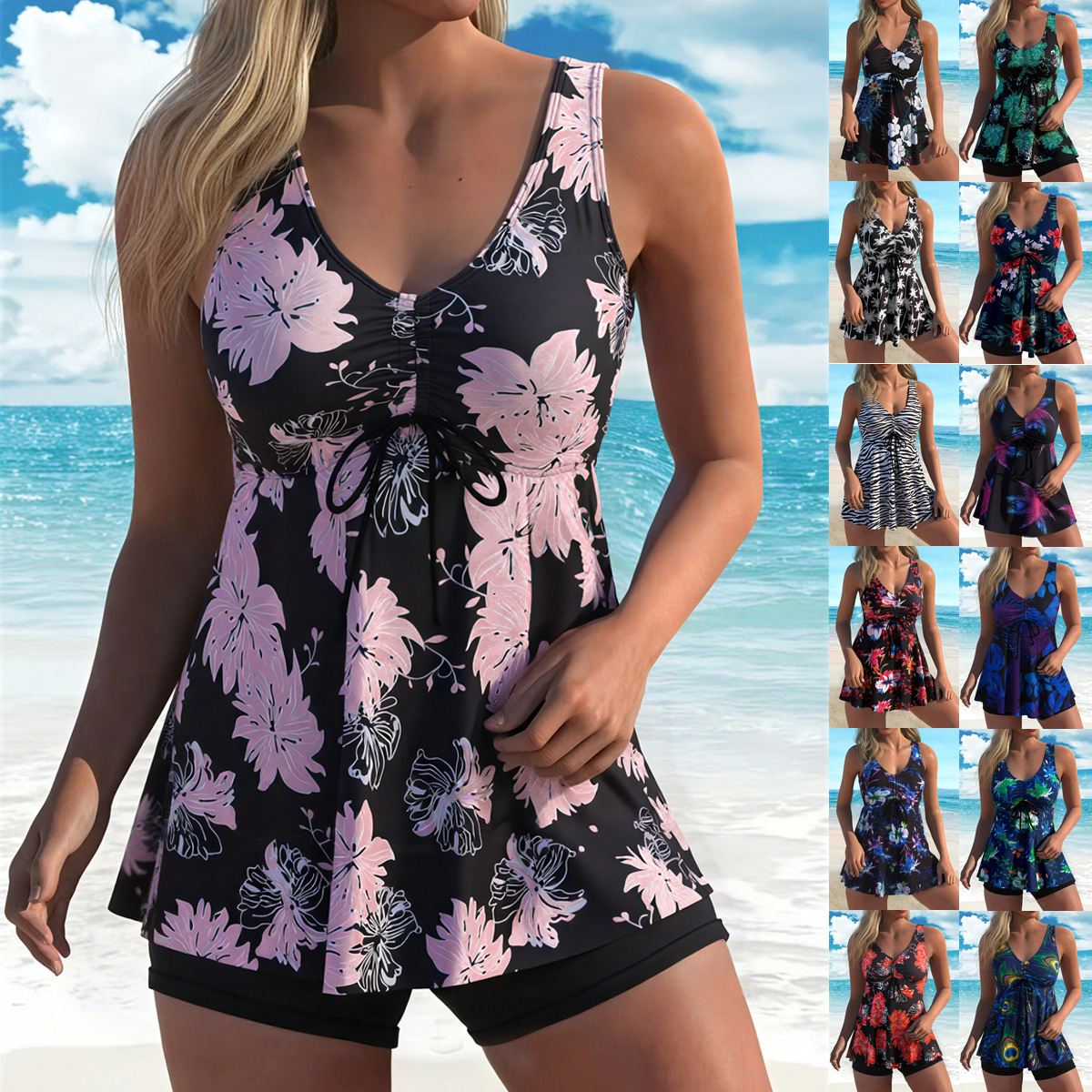 Split printed high waisted flat angle pants Tankini