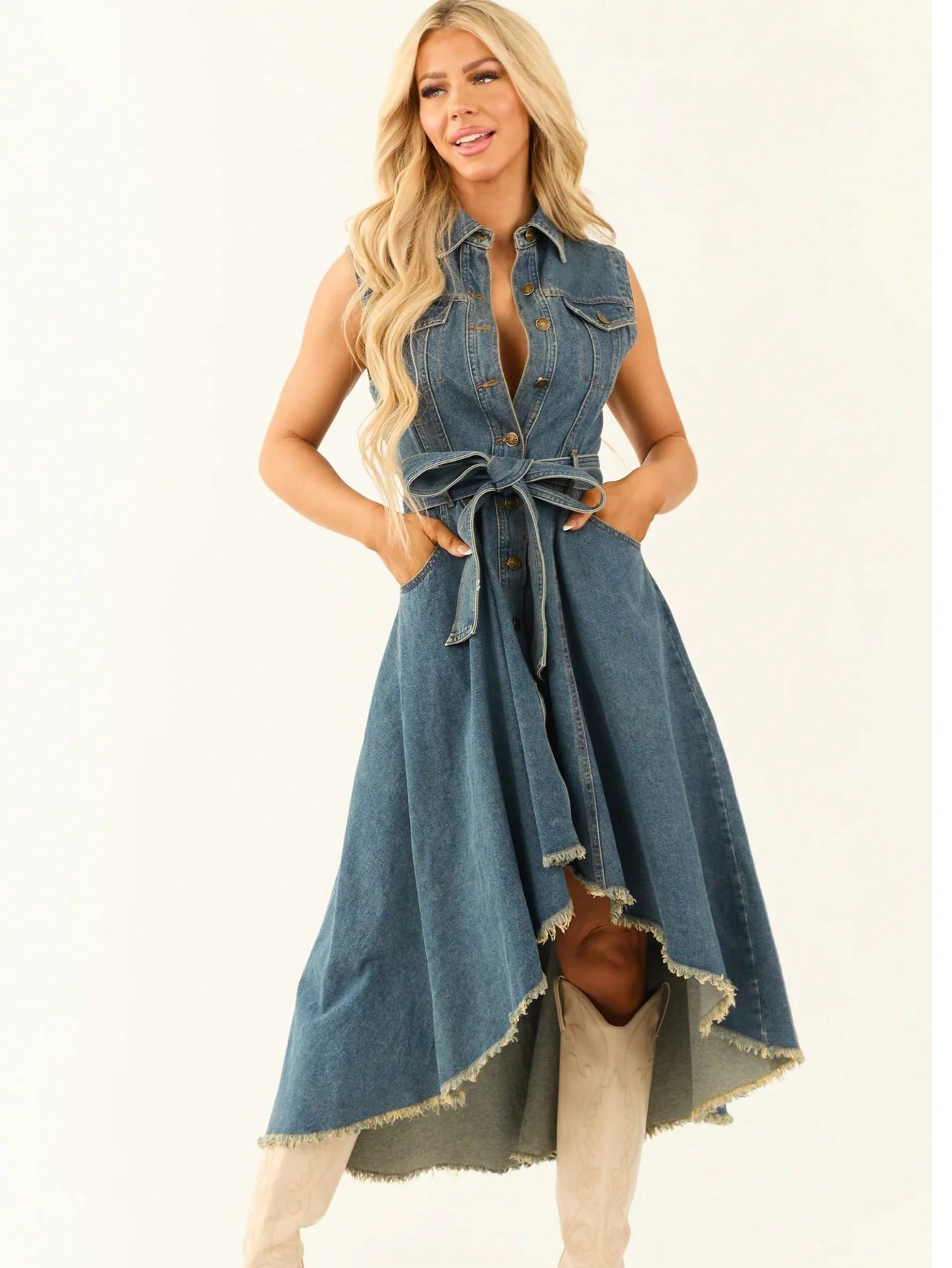 Women's Blue Sleeveless Denim Midi Dress – Irregular Hem Front View
