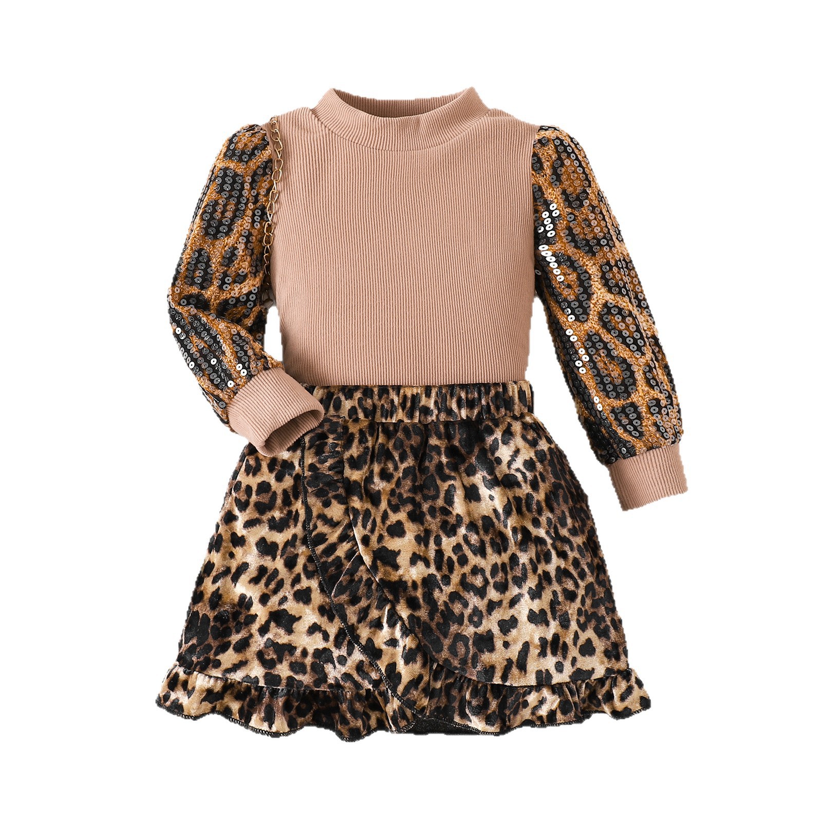 Leopard print color blocked sequin head set, two-piece set