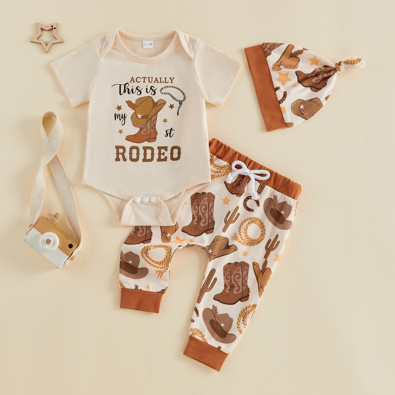 Baby Western Cowboy Style 3-Piece Set Short Sleeve Romper Long Pants Hat Set Cute Printed Baby