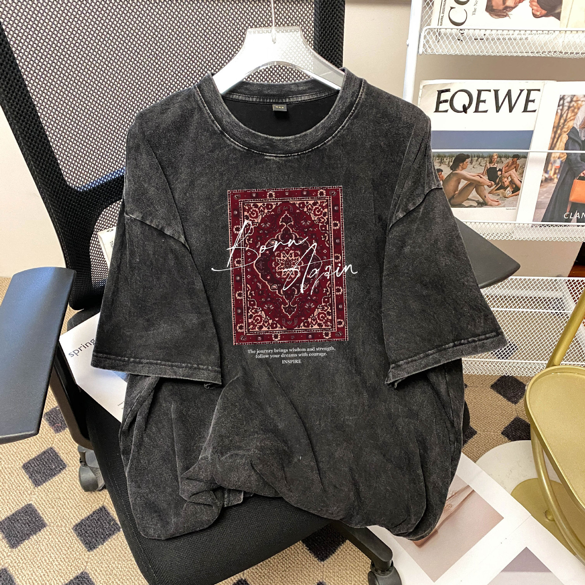Washed Black Cotton Short Sleeve Round Neck T Shirt - image 2