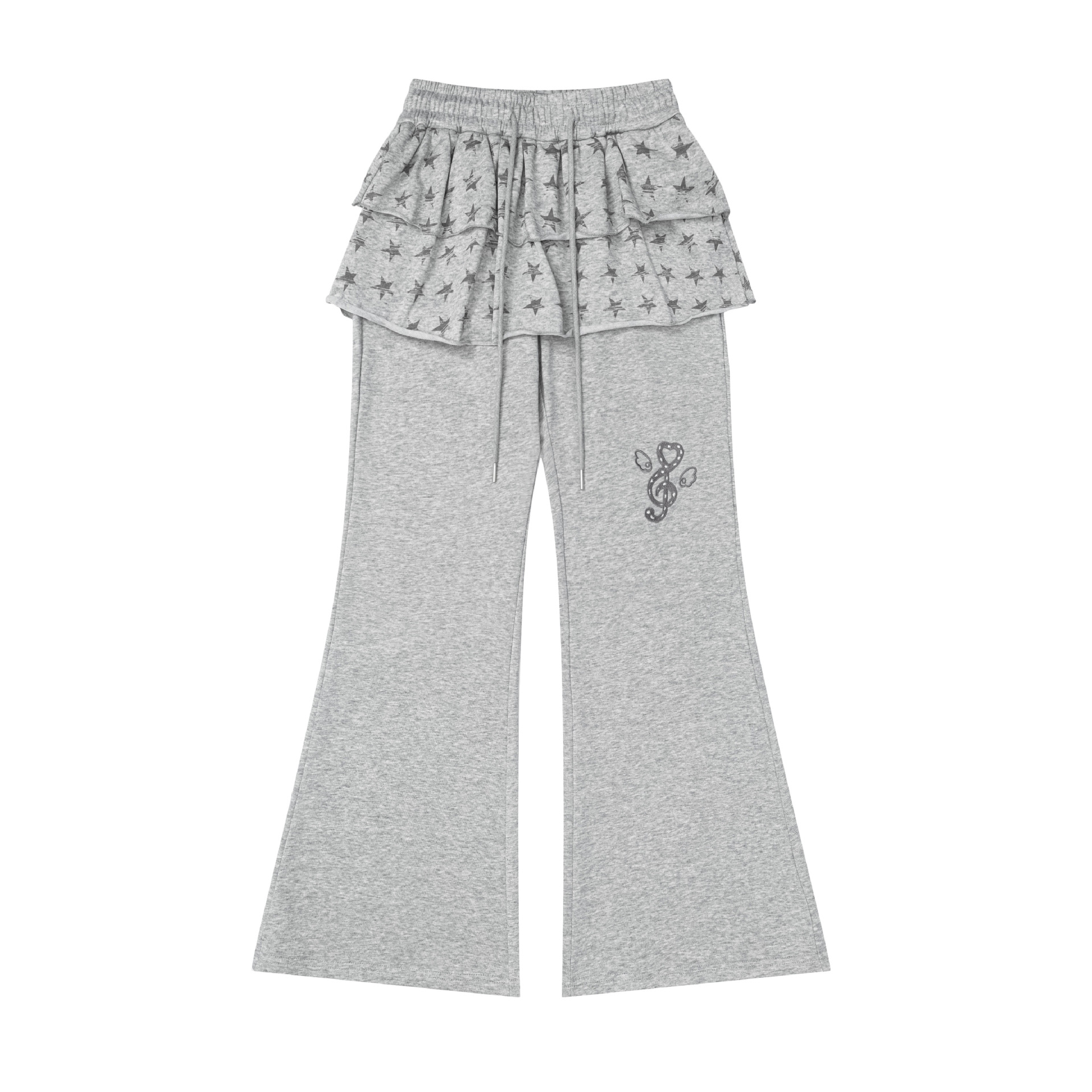 Sweet Girl Style Star Ruffle Flared Pants for Women, Music Note Embroidery Slim Fit Long Pants