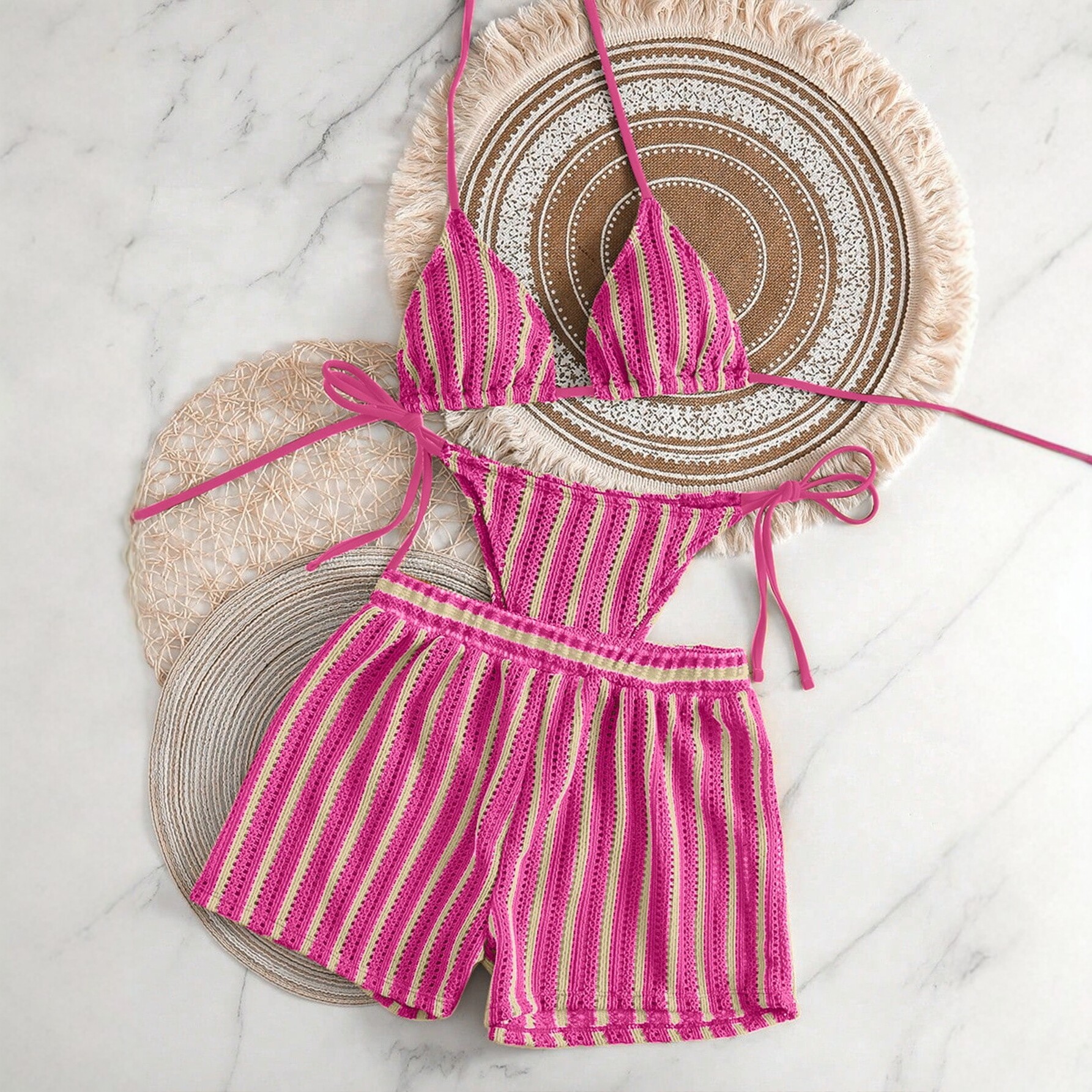 Striped hollow knitted three piece set