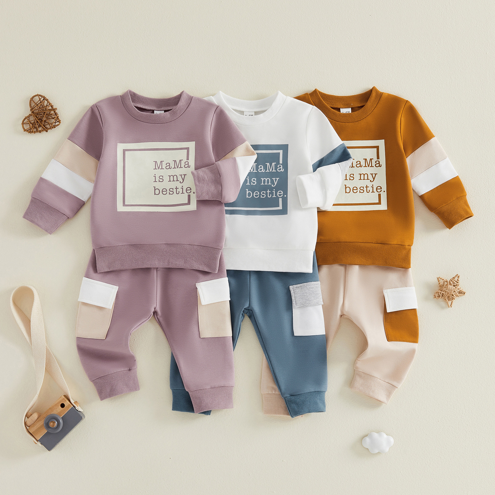 Style Kids' Spring and Autumn Printed Color-blocked Hoodie and Pants Two-piece Set