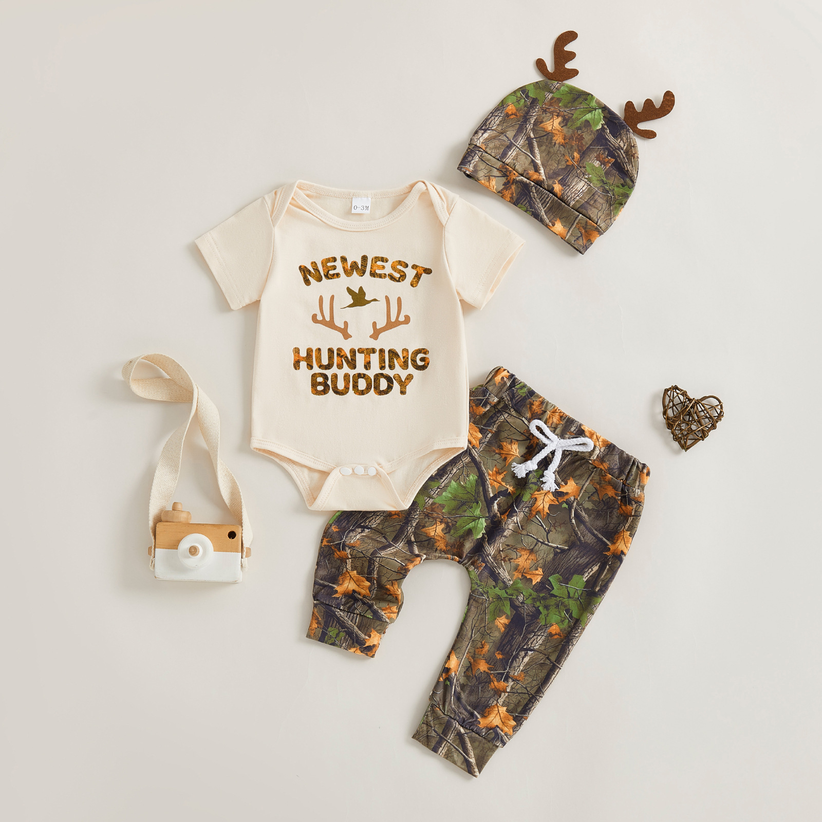 Newborn Baby Boy Hunting Style 3-Piece Set Printed Short Sleeve Romper + Camouflage Long Pants +