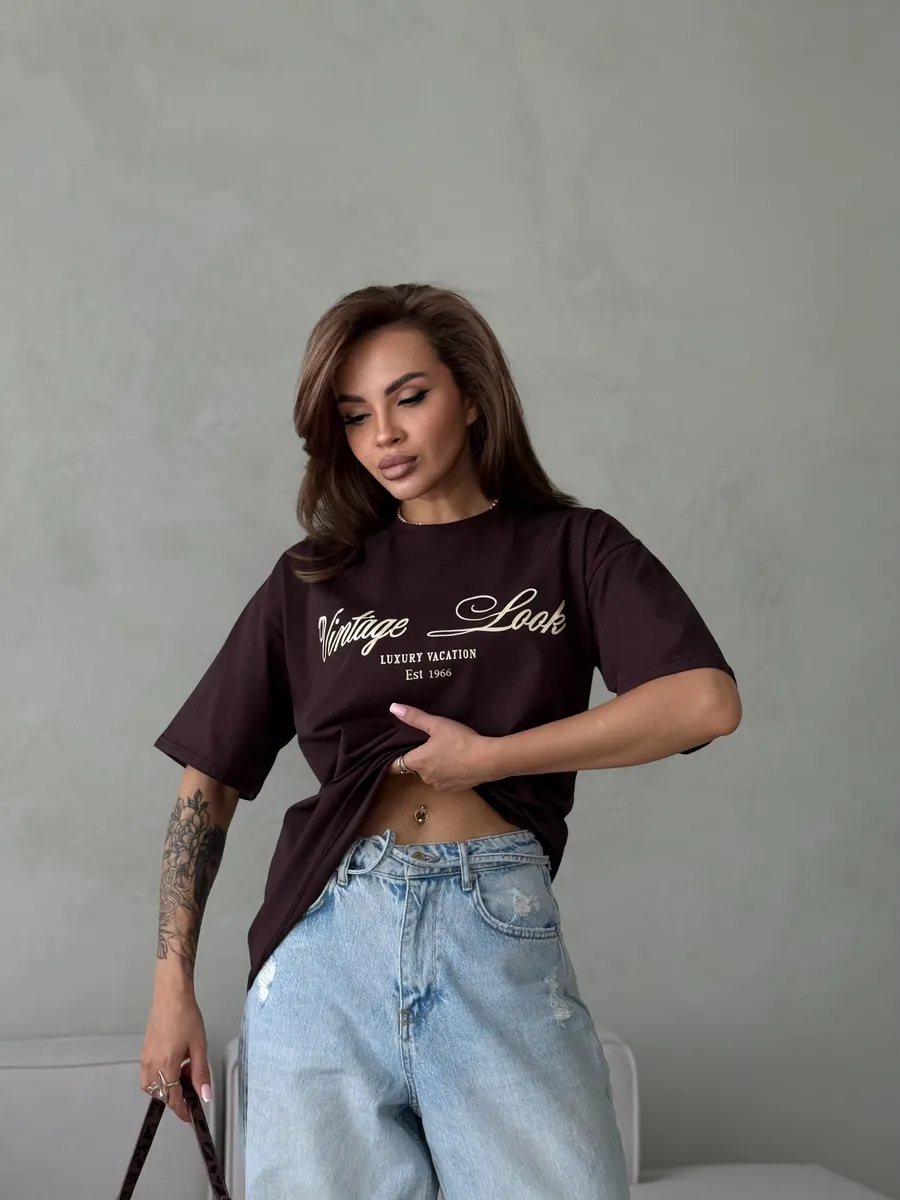 White Letter Print Round Neck T Shirt front view