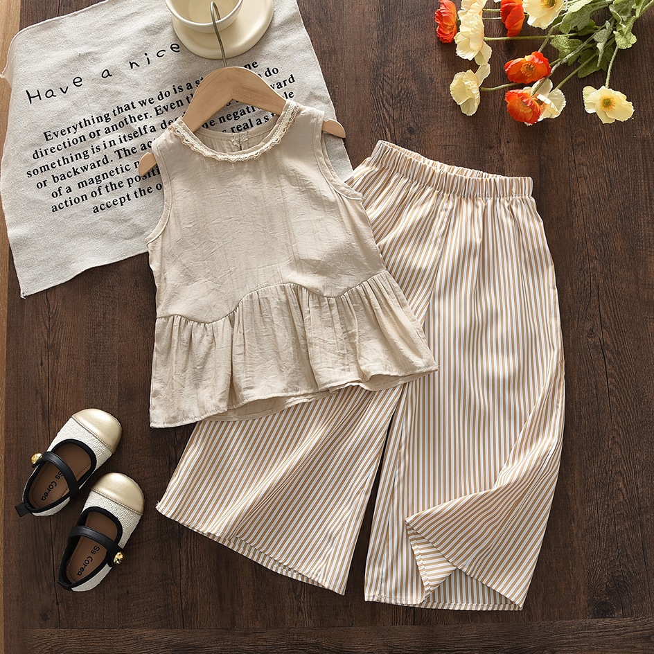 Girls' Summer Outfit New Fashionable Sleeveless Set Stylish Kids Wide-Leg Pants Two-Piece Bohemian