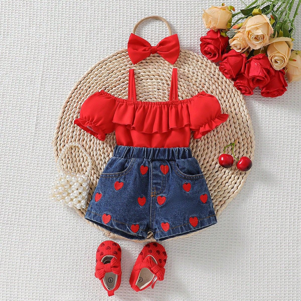 One shoulder lotus leaf suspender top with heart embroidered denim short set
