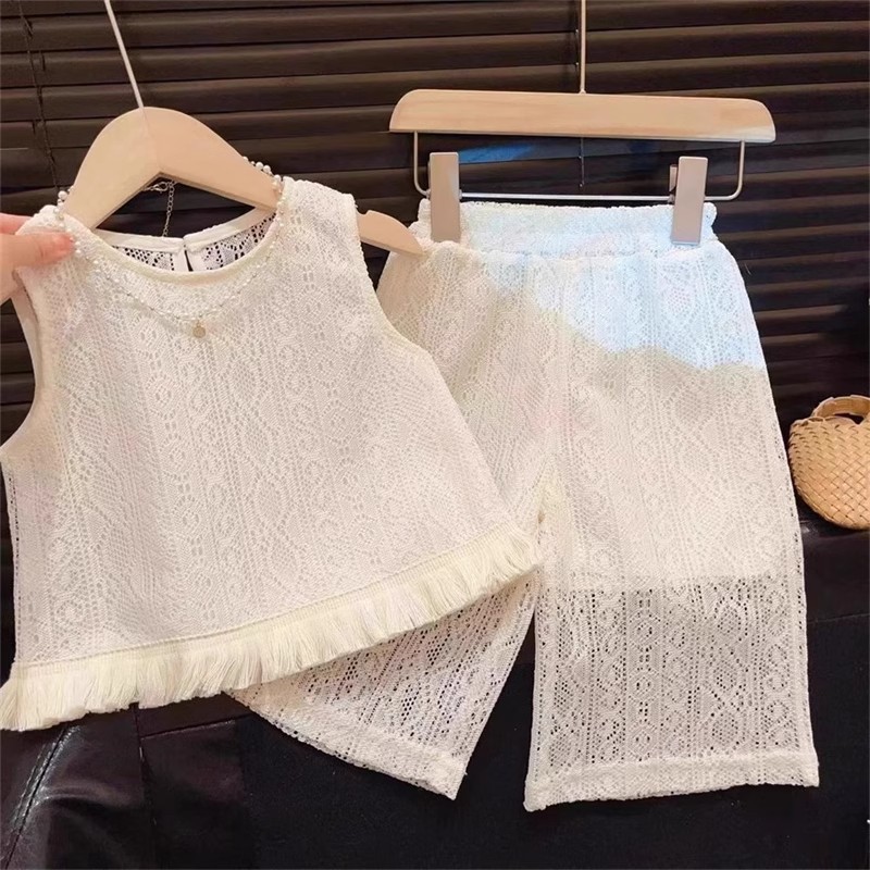 Summer New Girls' Lace Mesh Flower Tank Top and Pants Set, Fresh and Cute Elegant Outfit