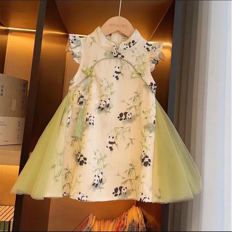 Chic Girls' Flutter Sleeve Chinese-Style Panda Mesh Dress with Mandarin Collar, Embroidered Print