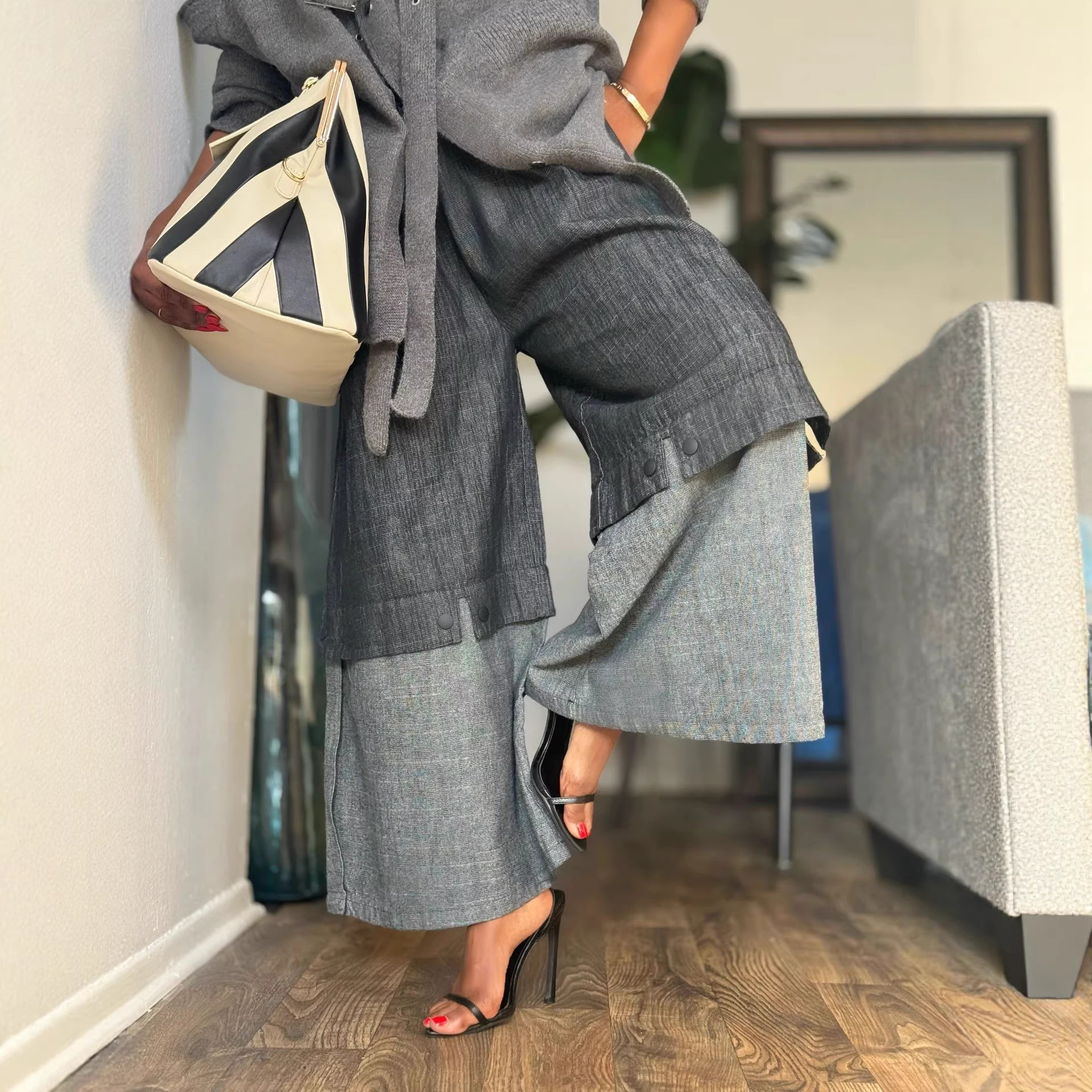 Street Style Elastic Waist Patchwork Wide Leg Jeans