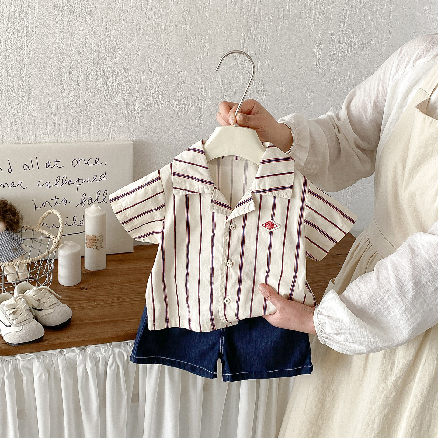 Stripe Shirt Set for Babies, Casual Short Sleeve Denim Shorts Two-Piece Set Summer Outfit