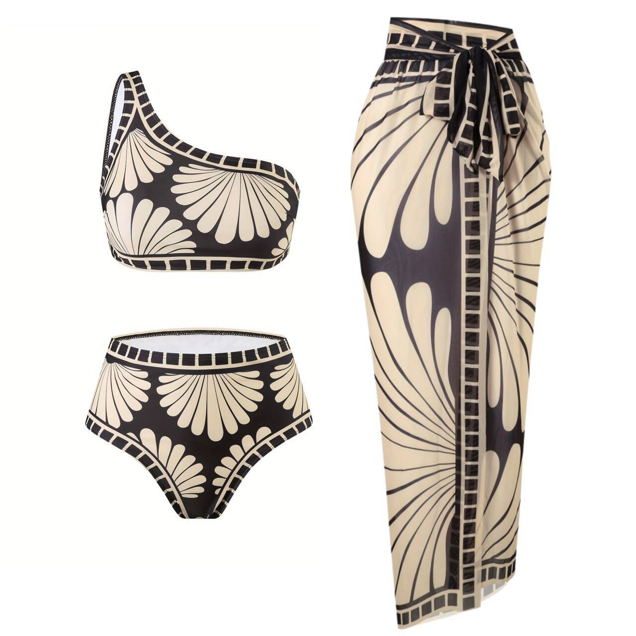 Printed oblique shoulder three piece set
