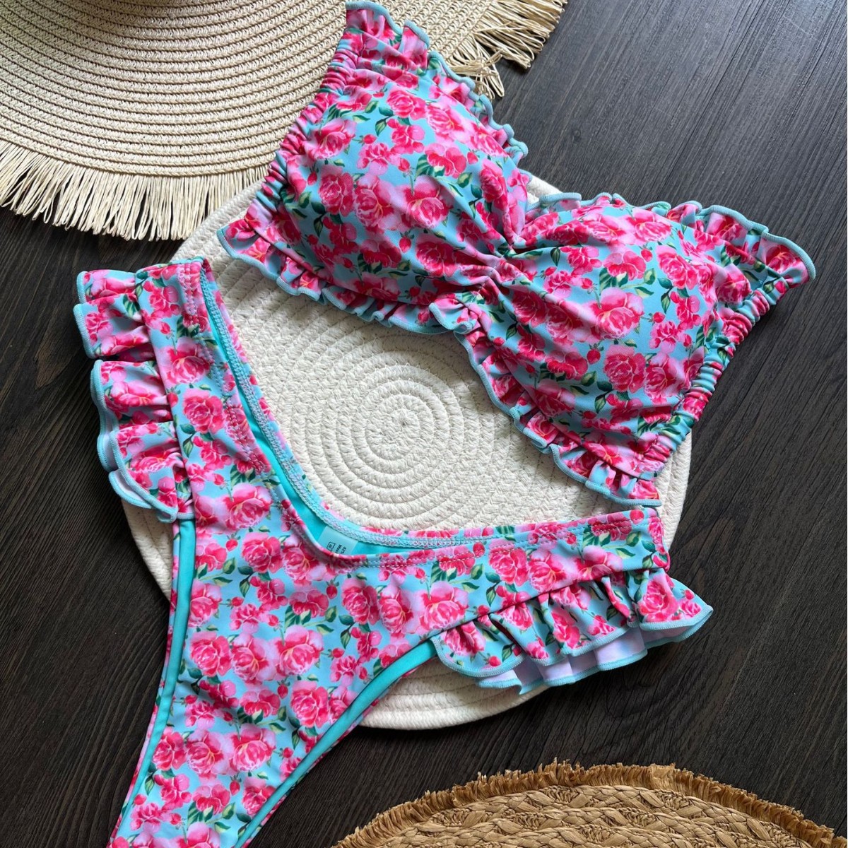 Floral print bikini with ruffled edges