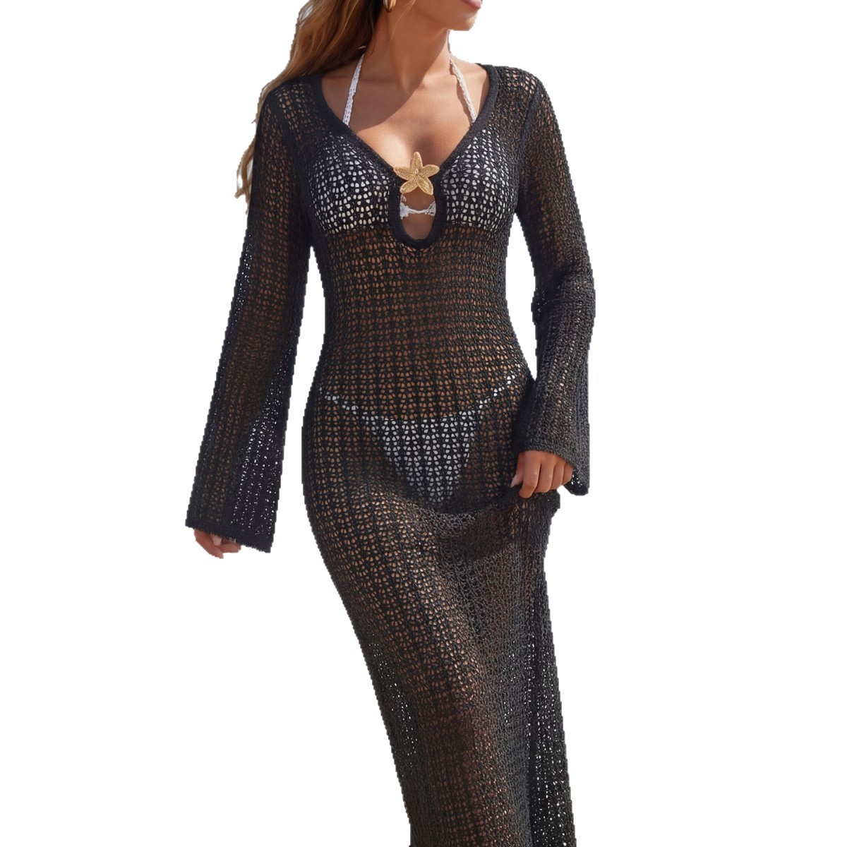 Grid Pattern Sleeveless Deep V-Neck Fitted Beach Maxi Dress