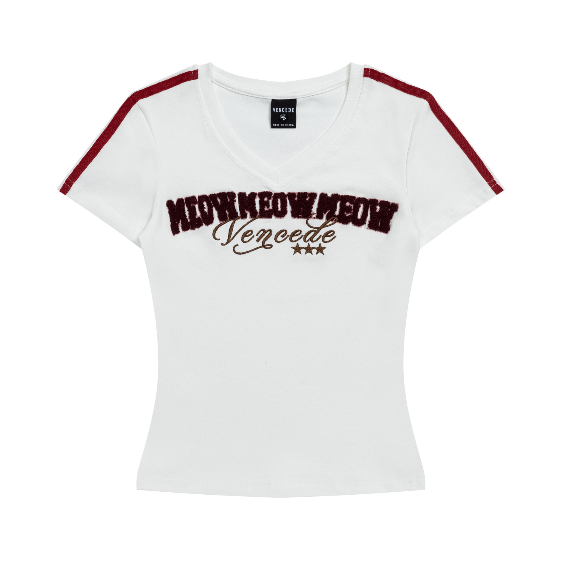 Towel Embroidery Letter V-Neck Short Sleeve T-Shirt for Women