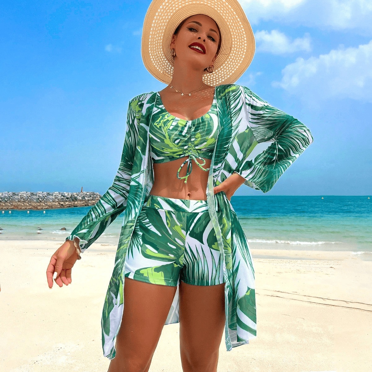 Fashionable Leaf Pattern Three-Piece Swimwear Set for Women, Casual Swimwear with Creative Design