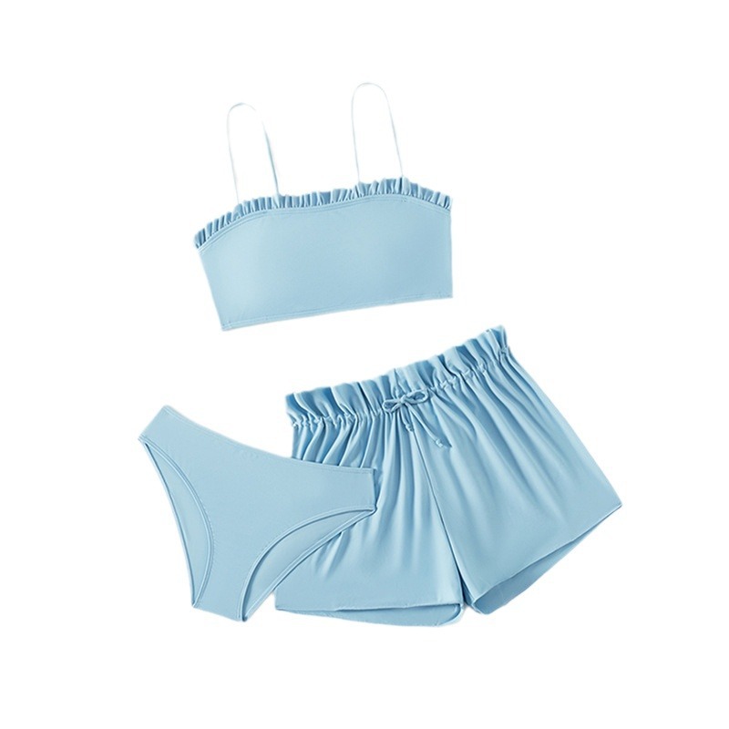Solid Color Ruffle Separated Swimwear Set for Girls, Three-Piece Bathing Suit for Middle and Large