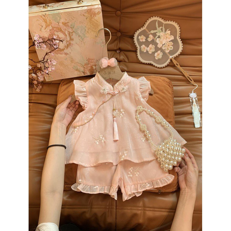 Girls' Cheongsam Set Summer Outfit Fashionable Baby Girl e Sweet New Chinese Style Two-Piece Set