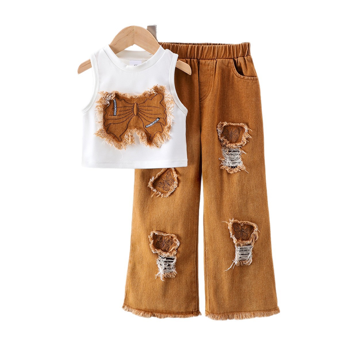 Two piece set of sleeveless bow vest paired with ripped denim pants