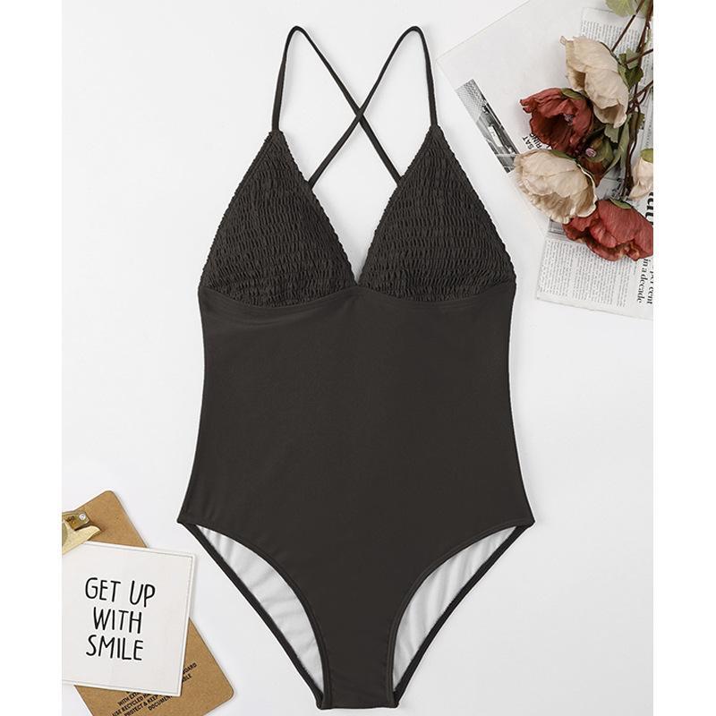 Solid Color V-Neck Triangular Cup Fashion One-Piece Swimwear for Women