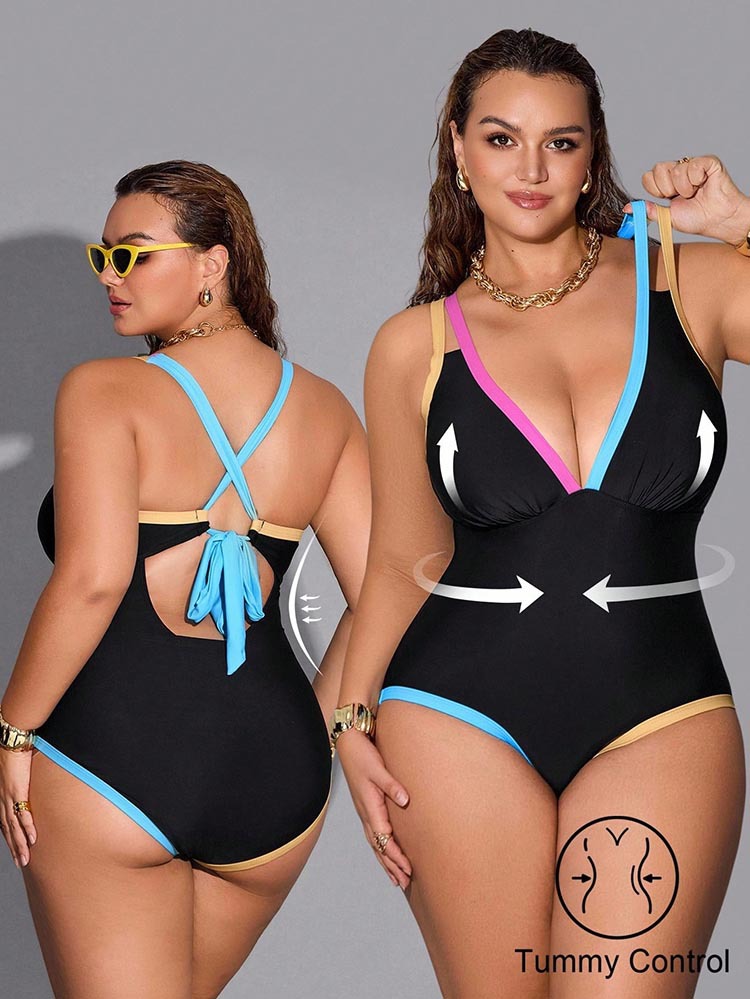 Plus size black one-piece swimsuit — panty-lined design for curvy women sizes XL to 4XL