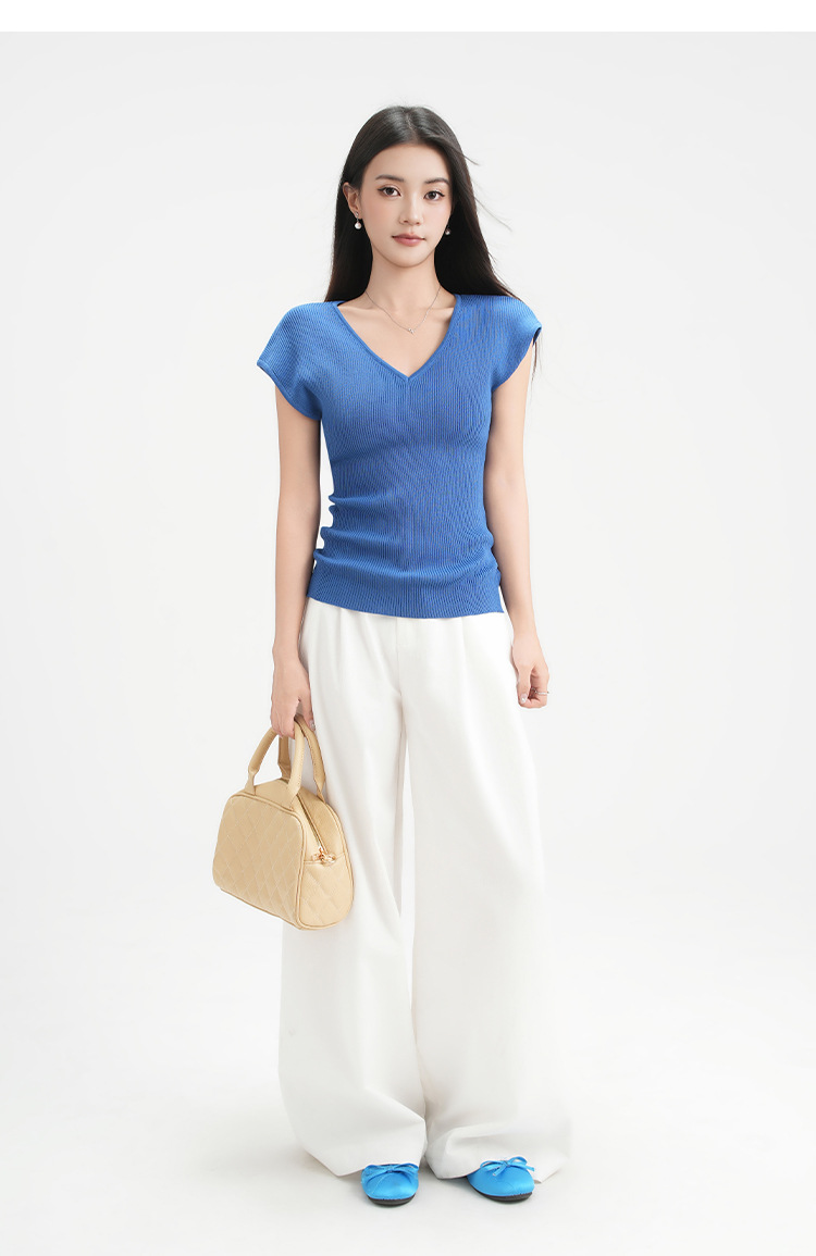 Dark Blue V Neck Knit Sheer T Shirt - close up