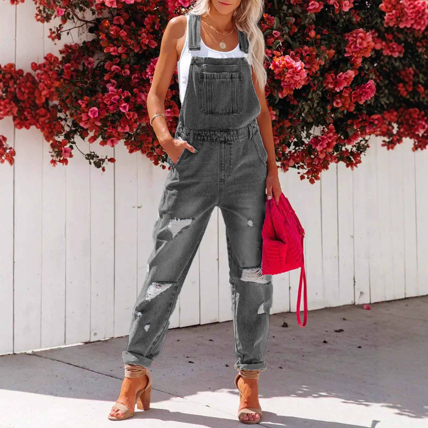 Women's Gray Cropped Denim Overalls – Streetwear Outfit Styling