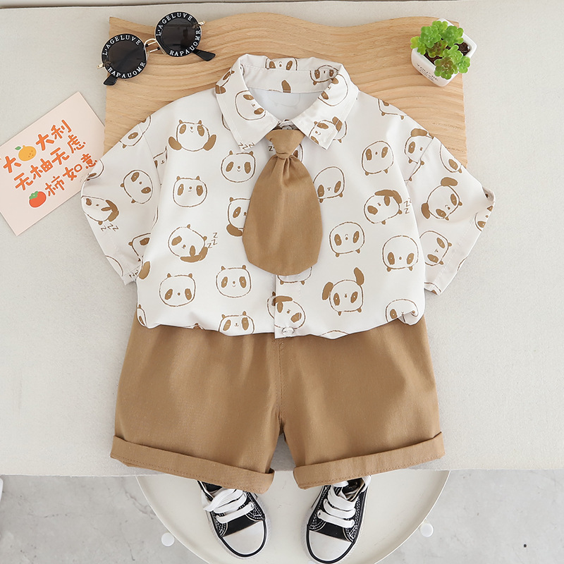 Panda Head Pattern Shirt and Tie Two Piece Set