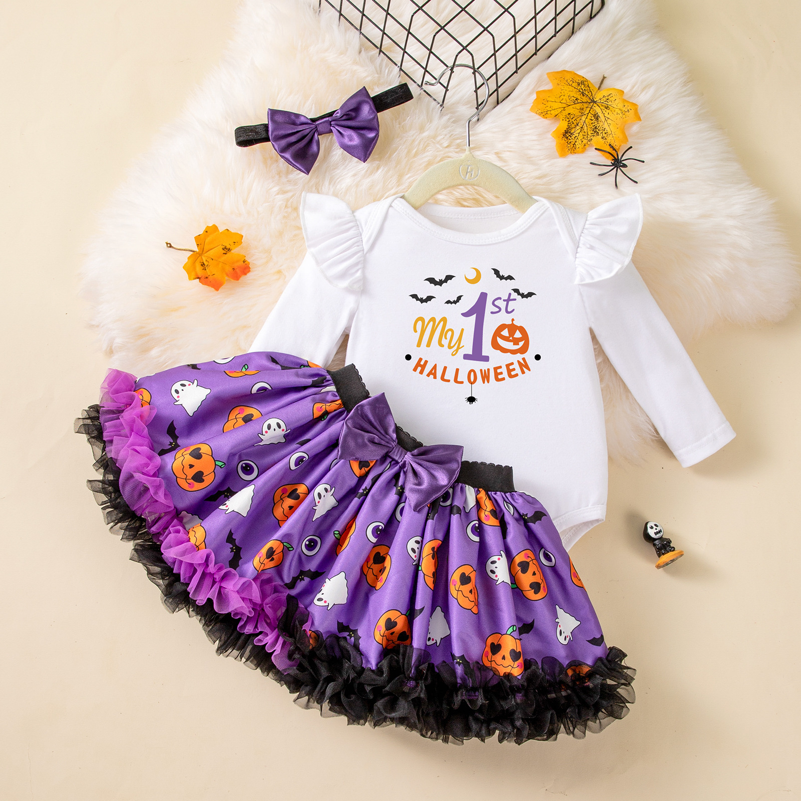 Cute Halloween Outfit for Baby Girls - Printed Ghost and Pumpkin Long Sleeve Romper with Skirt and