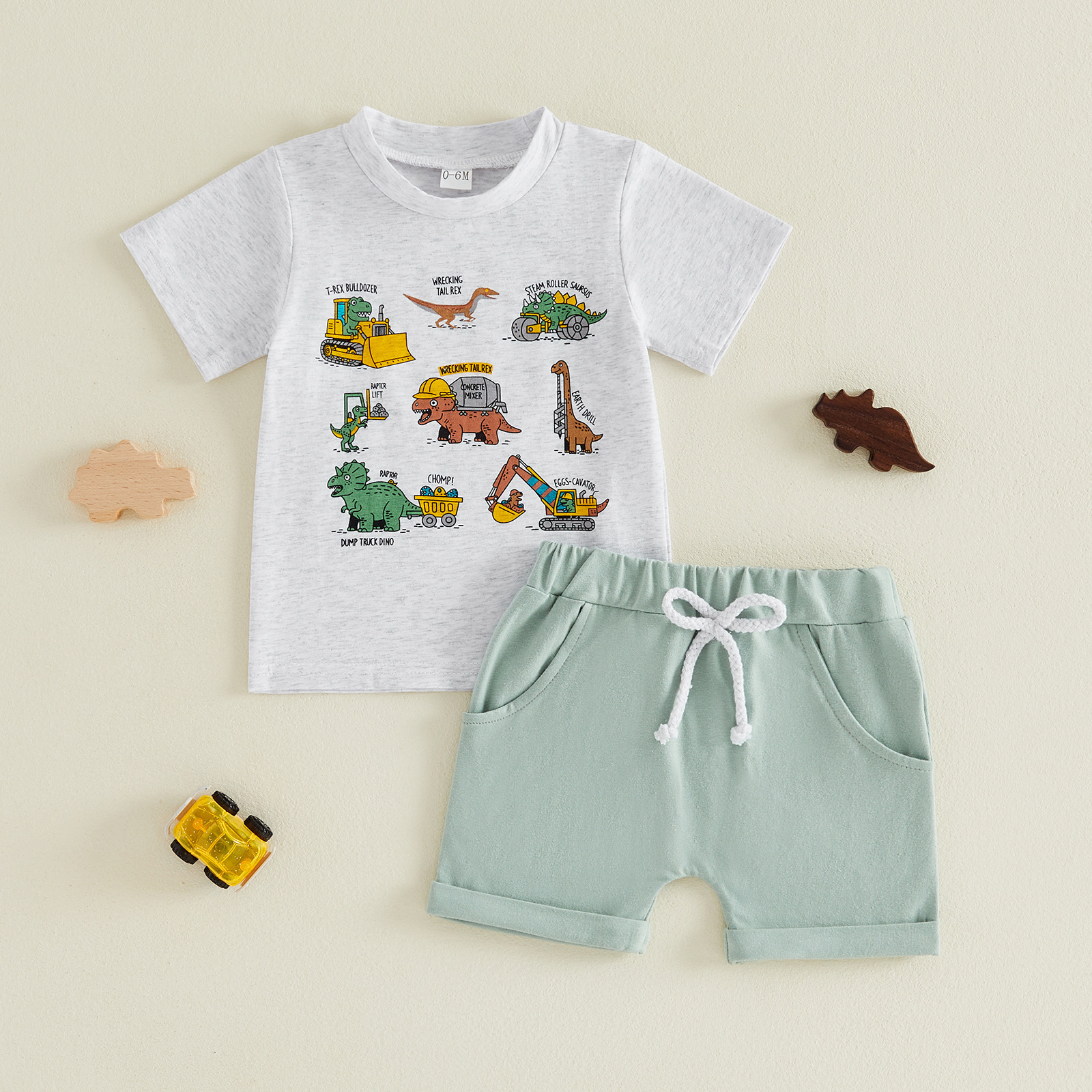 Dinosaur Construction Vehicle Cartoon Print Short Sleeve and Shorts Set for Boys, Casual Two-Piece