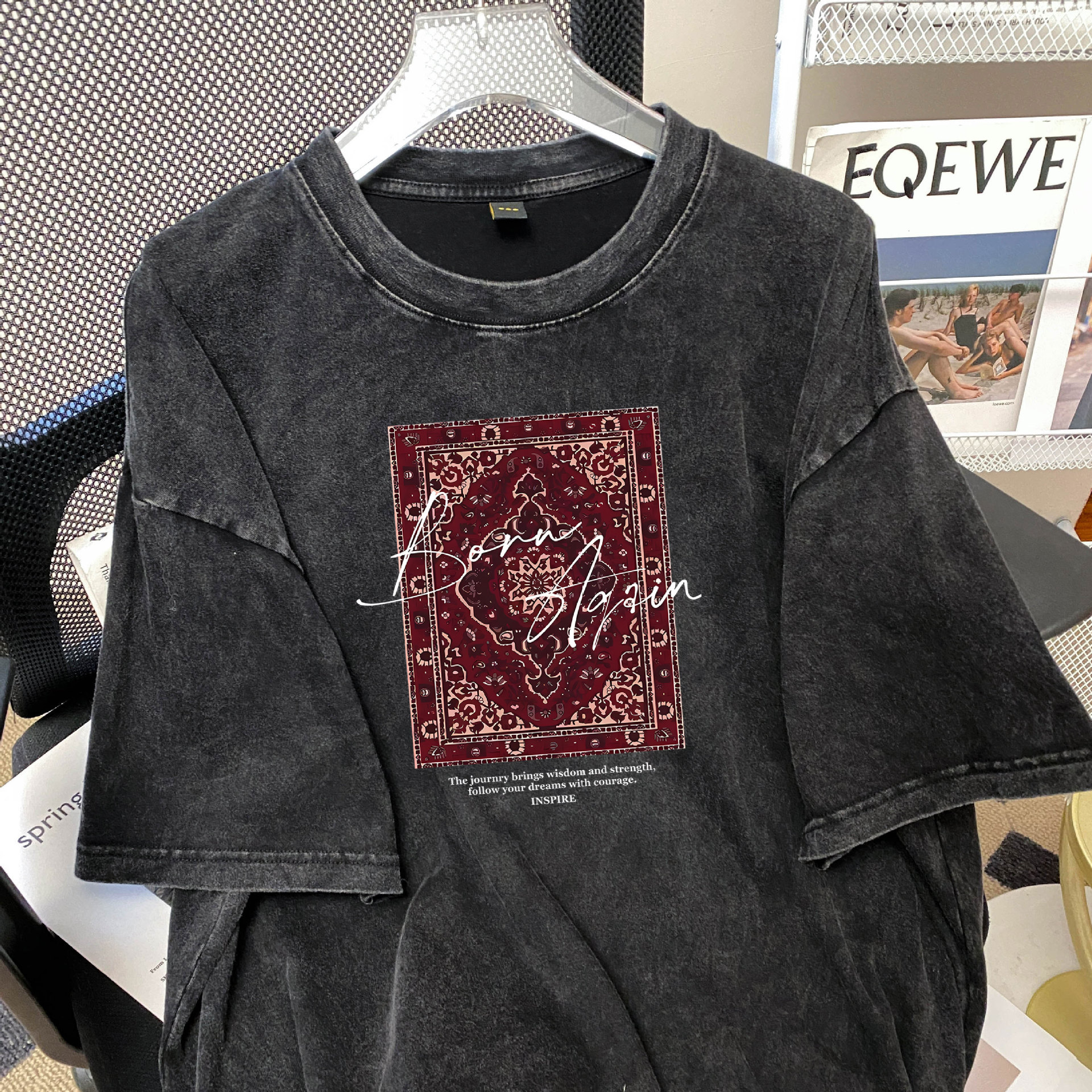 Washed Black Cotton Short Sleeve Round Neck T Shirt - image 1