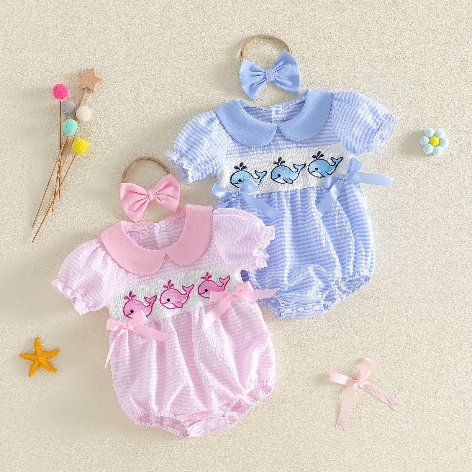 Style Baby Summer Outfit, Stripe Whale Embroidery Peter Pan Collar Short Sleeve Romper for Girls