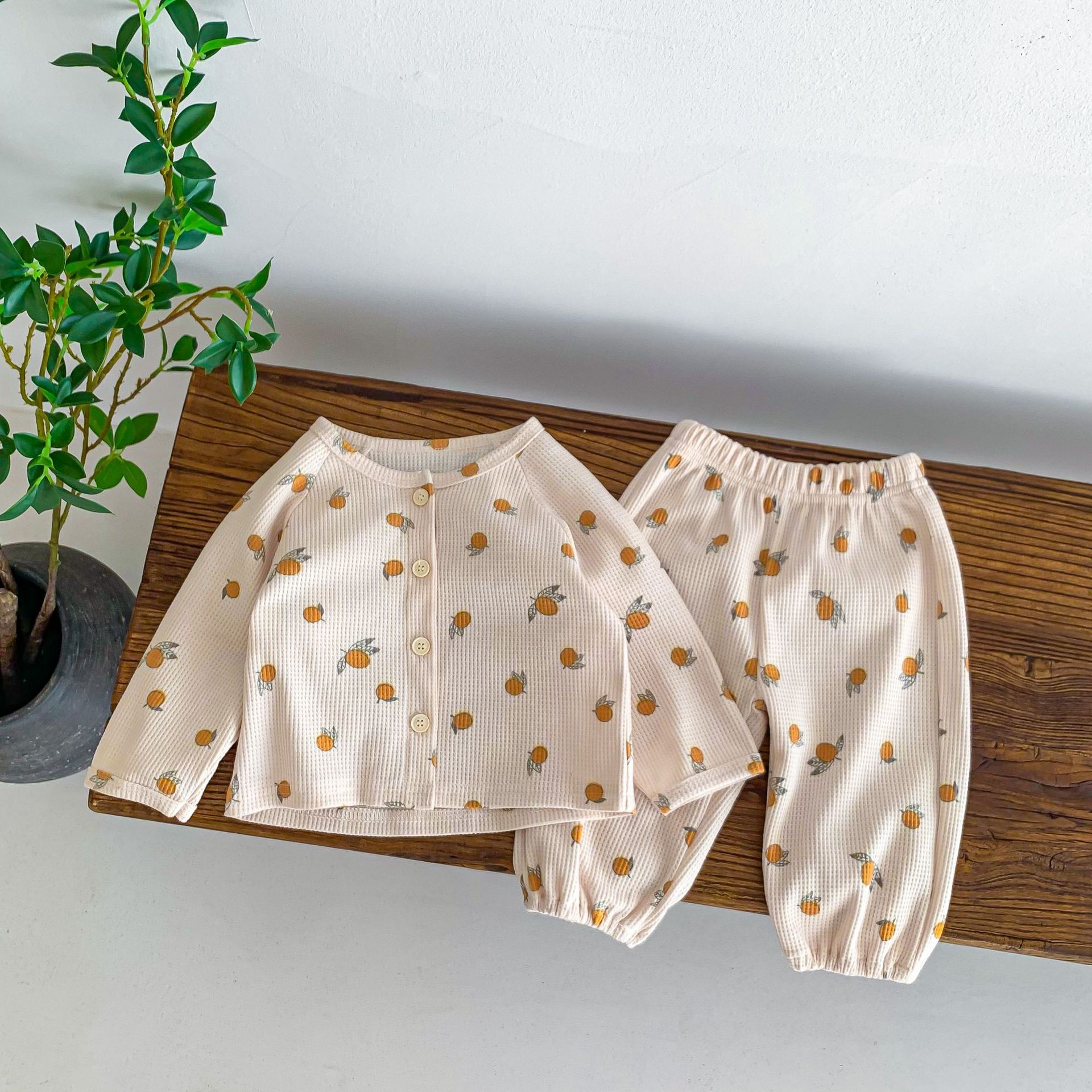 Outfit INS Korean Baby Home Wear Trendy Long Sleeve Waffle Knit Top and Pants Two-Piece Set