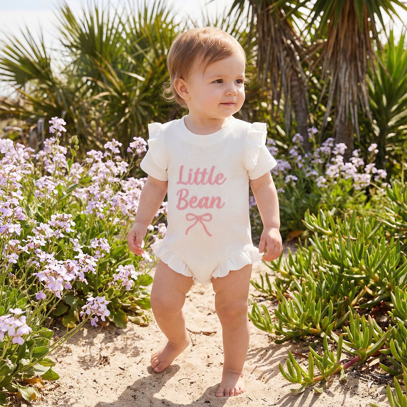 Style Girls' Summer Waffle Knit Sleeveless Romper with Little Bean Embroidery Baby Short Sleeve