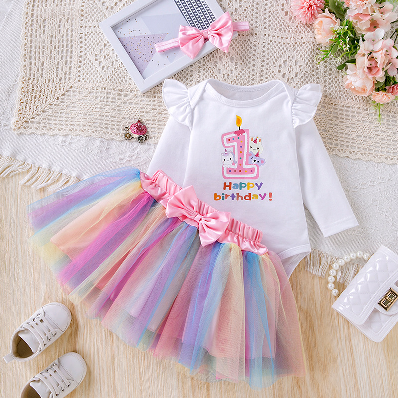 Newborn Baby Birthday Outfit Set with Printed Long Sleeve Bodysuit, Rainbow Skirt, and Hair
