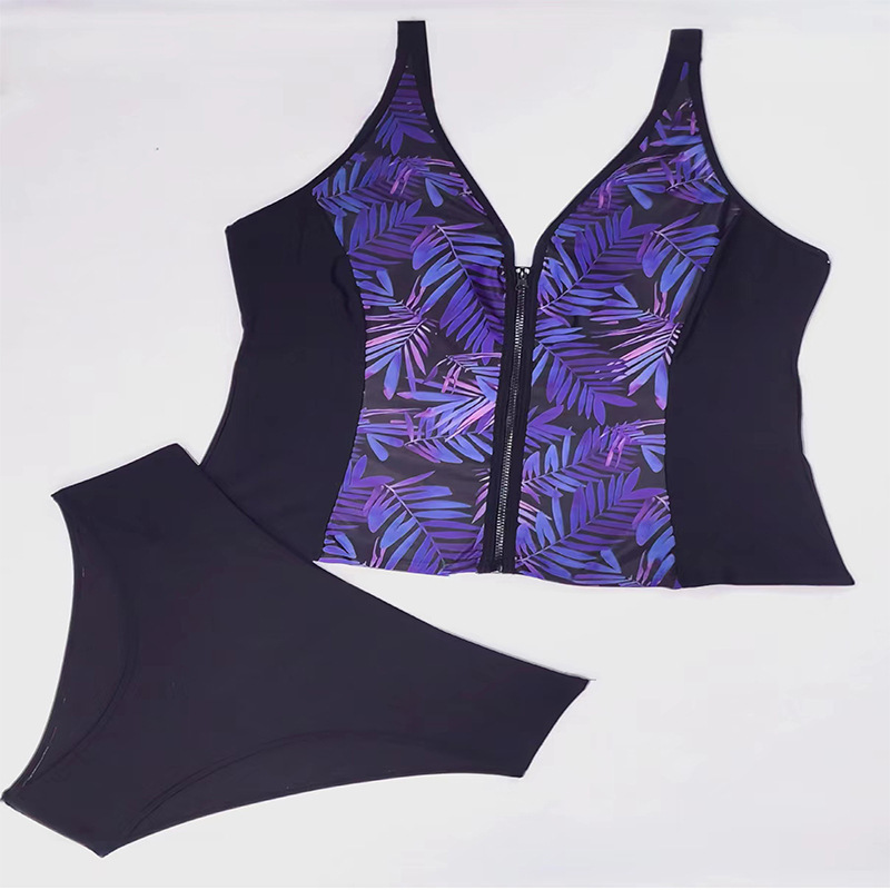Women's Swimwear Leaf Print Zipper Plus Size Women's Swimwear