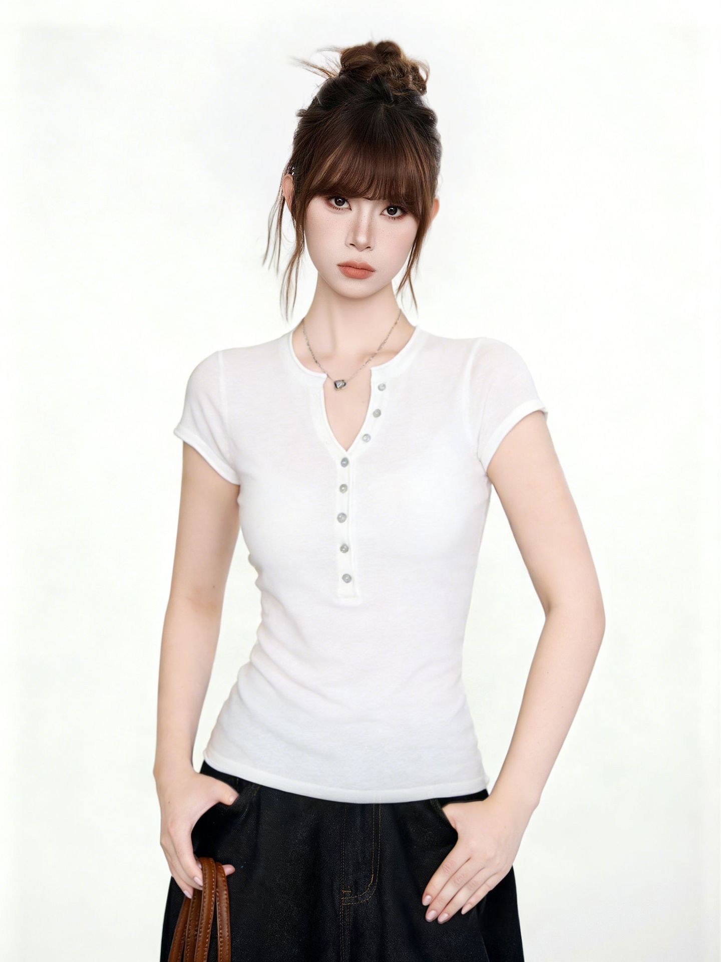 Half-Placket Buttoned Regular Shoulder Knit Short Sleeve T-Shirt for Women, Fitted Slim Fit Henley Neckline Top 12 CC5199B07277C7D73A32A6EC72E18805