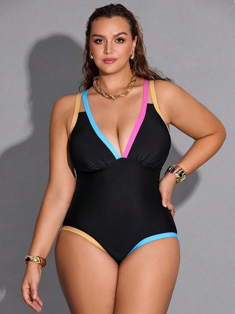 Plus size black one-piece swimsuit — panty-lined design for curvy women sizes XL to 4XL