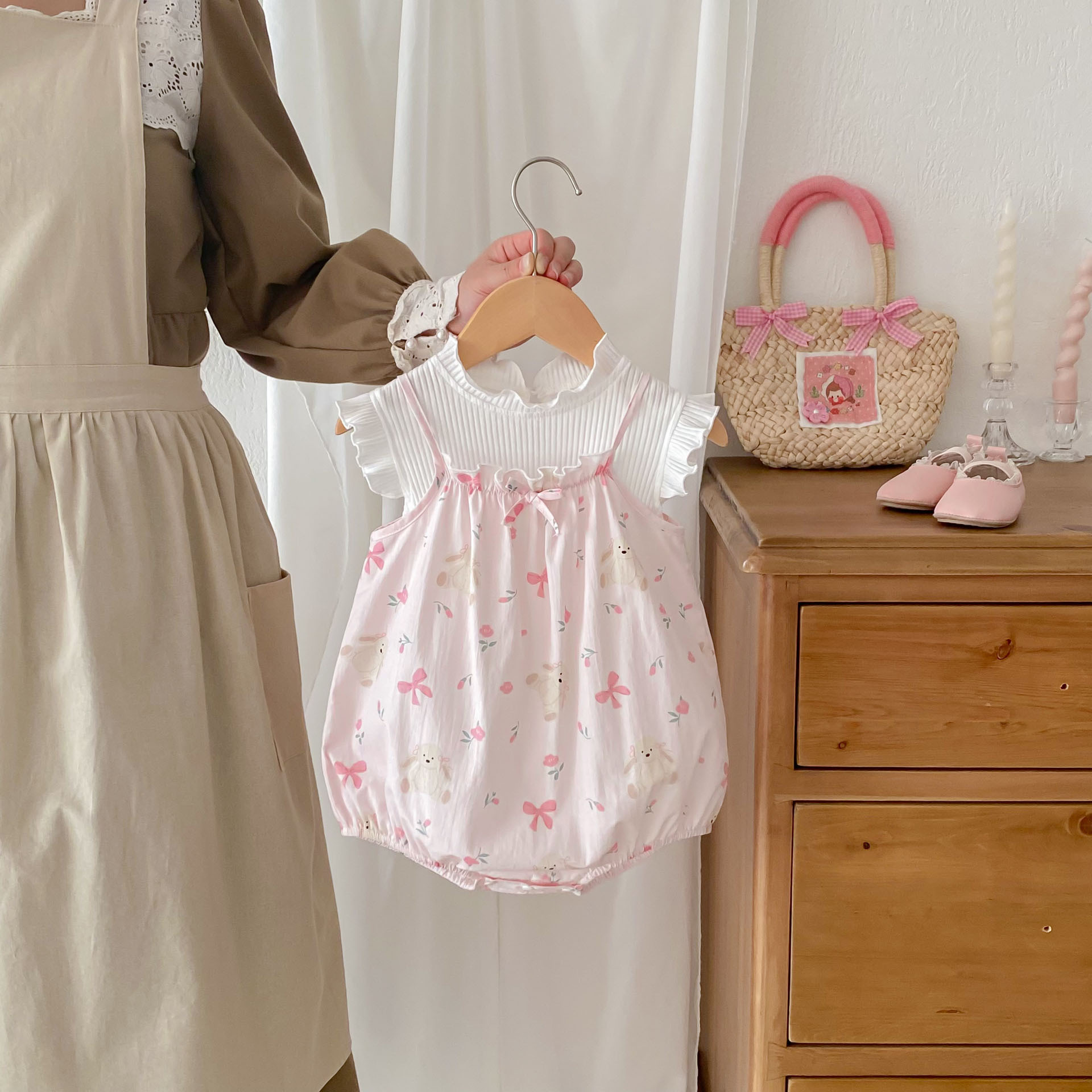 Baby Summer Outfit, Floral Strap Romper + Elastic T-Shirt Princess Set for Girls, A-Class