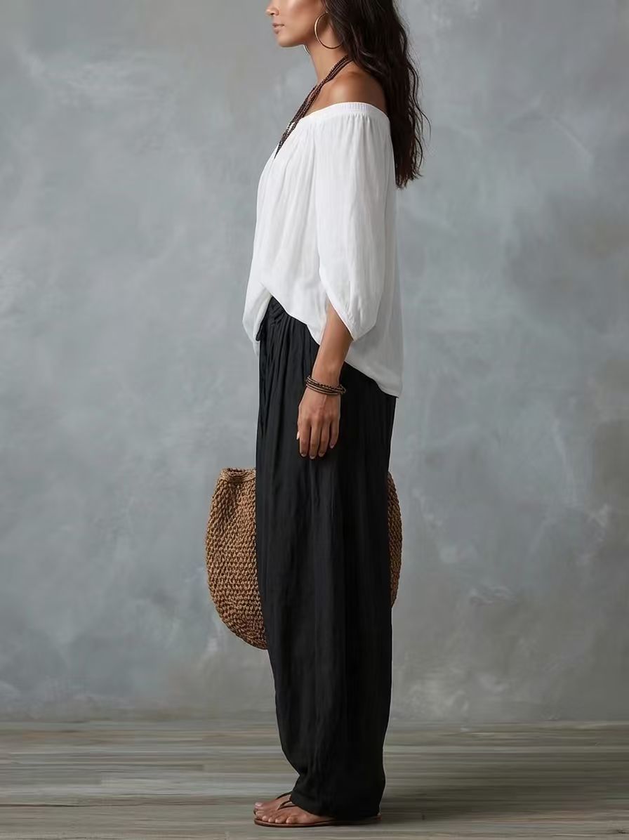 Women's one-shoulder T-shirt and wide-leg pants set — lifestyle photo