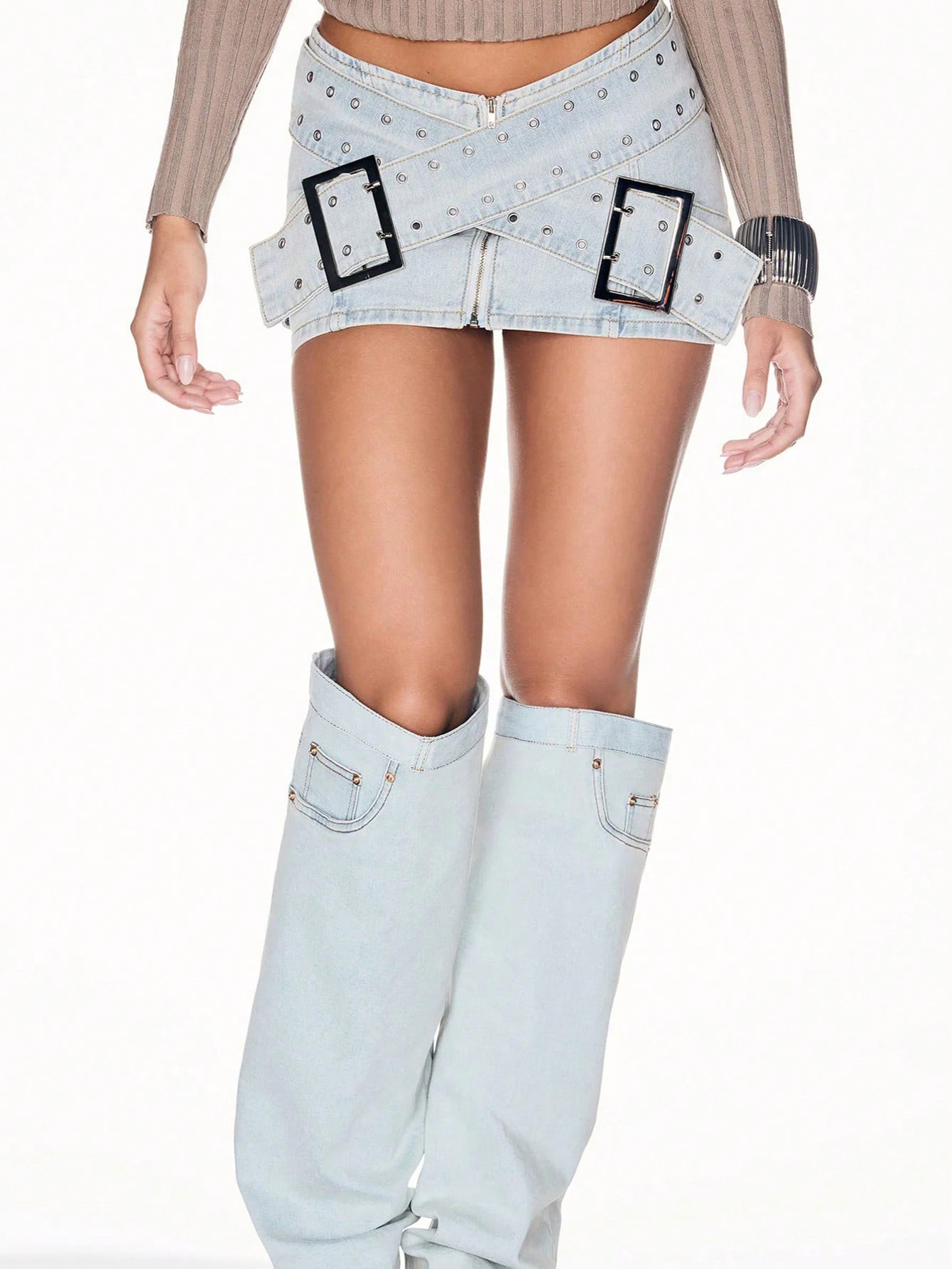 Women's Bodycon Denim Mini Skirt – Side View Buckle Detail