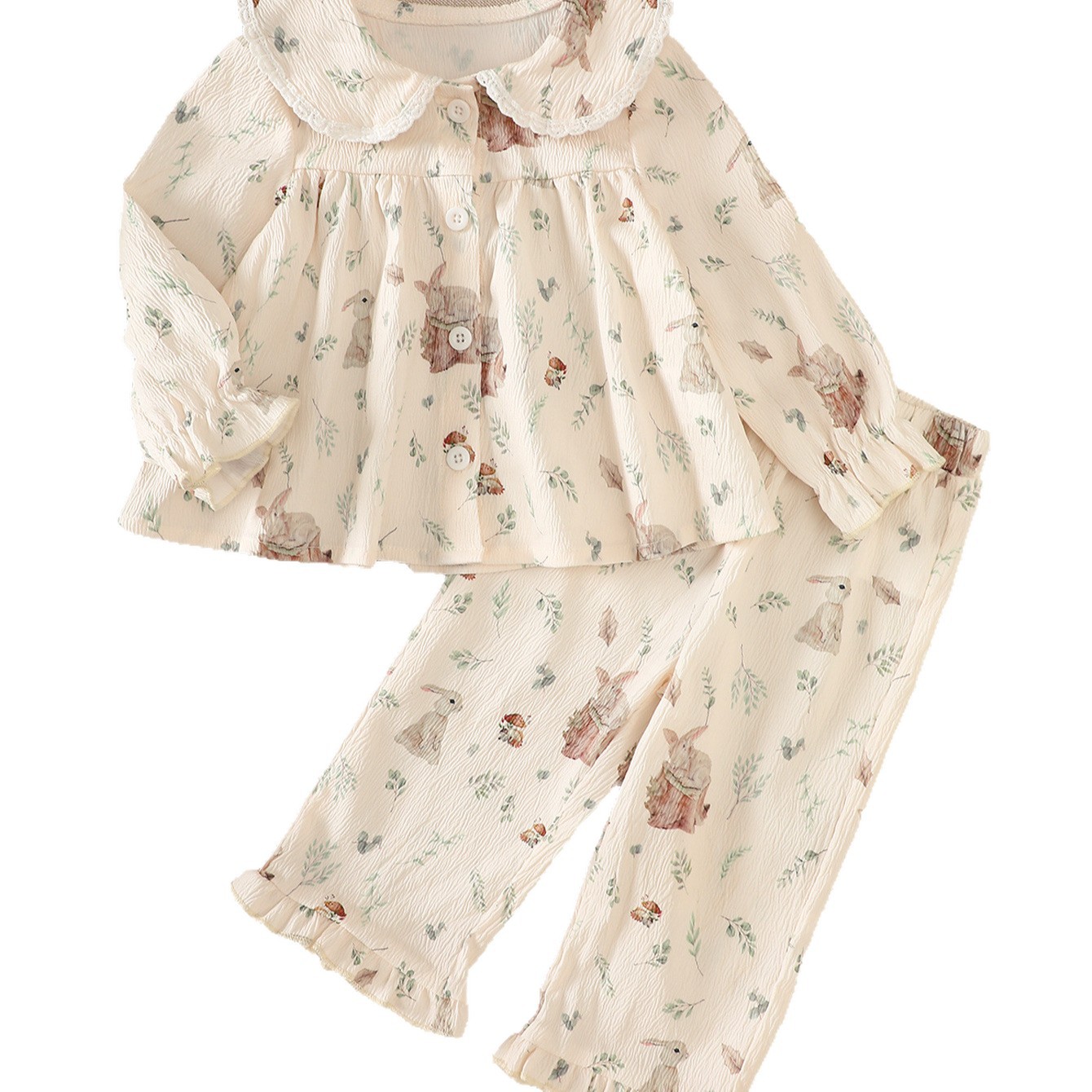 Leaf print lace long sleeved pants set