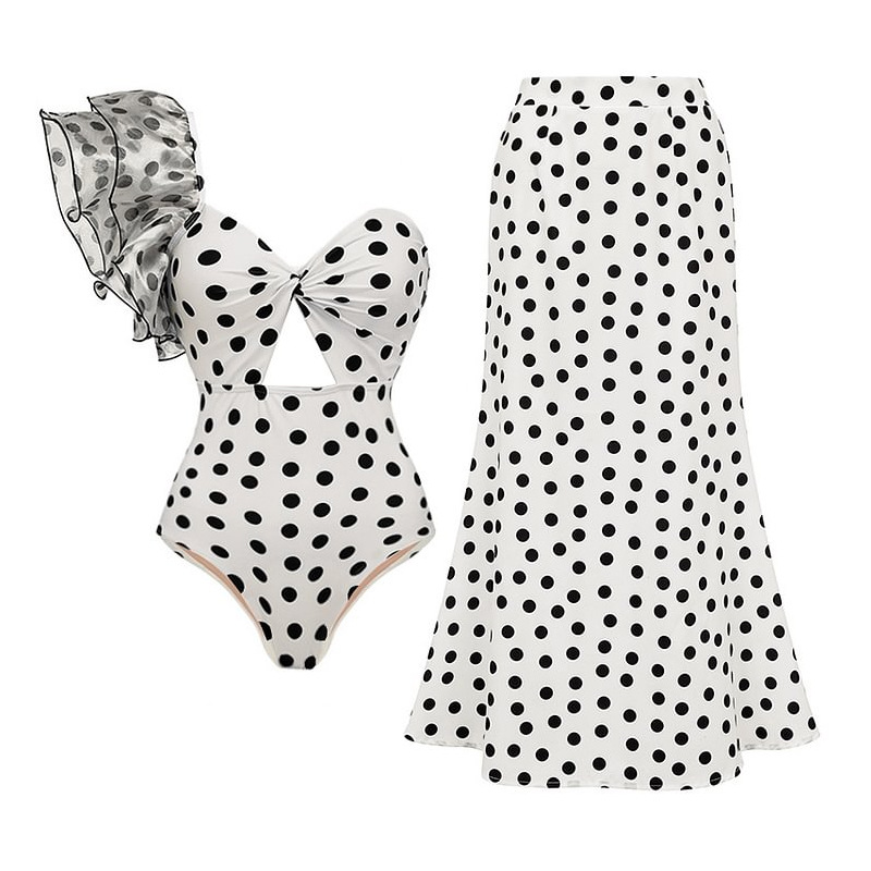 Polka Dot Single Shoulder Ruffle One-Piece Swimwear for Women