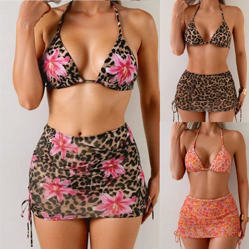 Printed women's split bikini three piece set