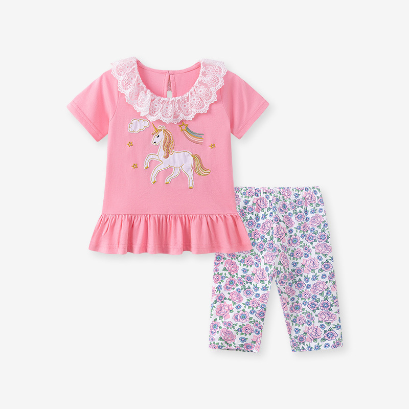 Summer Girls' Outfit, Cute Cartoon Flower Children's Set, T-shirt and Shorts Two-Piece Set