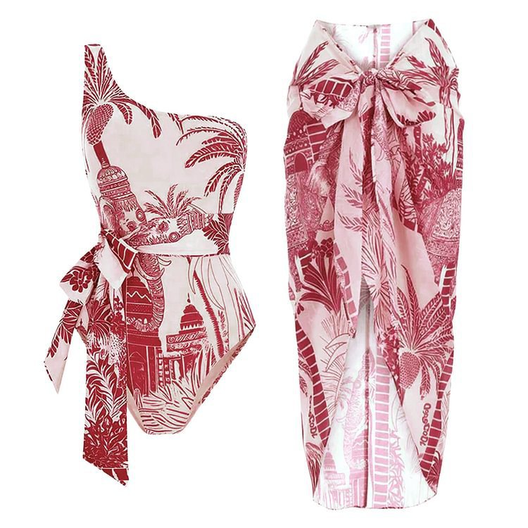 Print Off-Shoulder Belted Slim-Fitting One-Piece Swimsuit