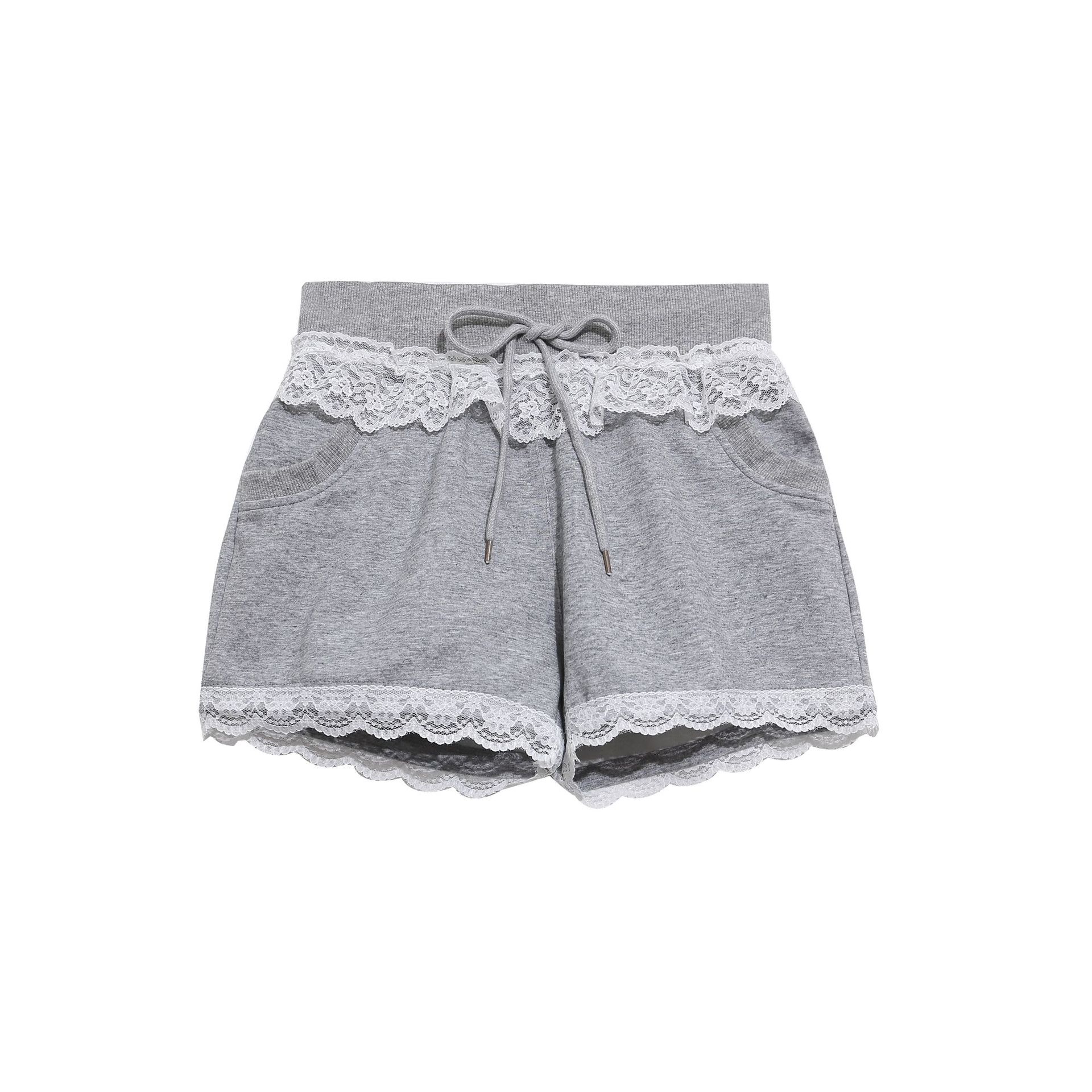 Lace Trim Sports Shorts High-Waisted Drawstring Loose Casual Pants